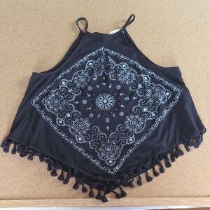 Altar’d State Black Bandana Print Tassel Hem Boho Tank Top L